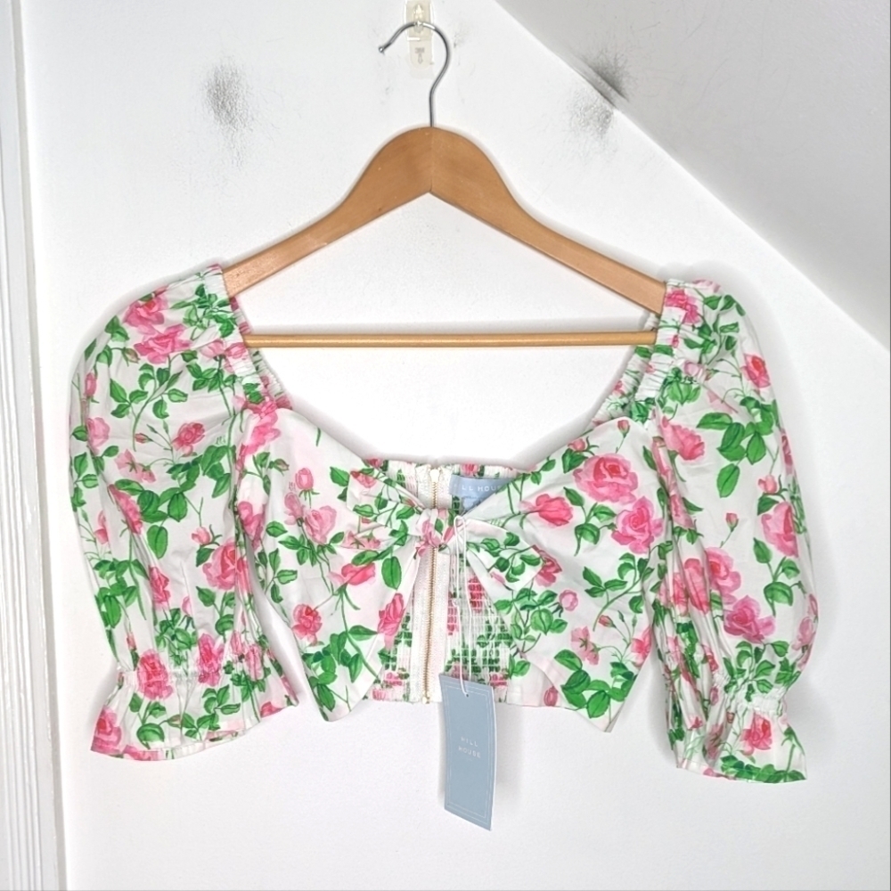 HILL HOUSE Isabella Cotton Crop Top in Pink Roses Floral Print NEW Size S